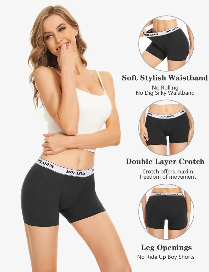 Molasus 4.5" Inseam Womens Trunks Underwear Soft Cotton Boxer Briefs Ladies Anti Chafing Boy Shorts Panties Pack of 4 - Image 2