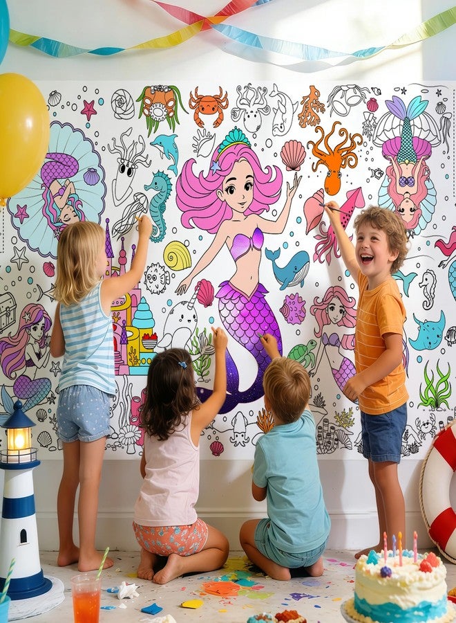 Animsco Mermaid Giant Coloring Tablecloth - 72 x 31 Inch Jumbo Paper Coloring Activity Poster, Under The Sea Themed Table Cover for Birthday Party, Classroom, Family Game Night Decorations - Image 2