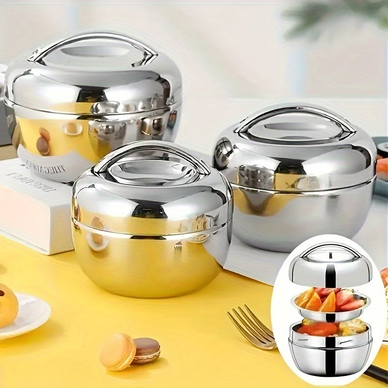 Stainless Steel Insulated Double-Layer Leakproof Bento Lunch Box for Office and School, Microwave-Safe Reusable Round Food Container - Image 2