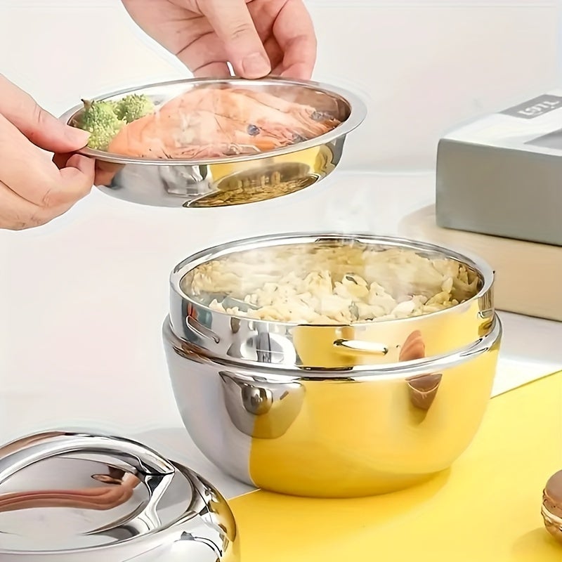Stainless Steel Insulated Double-Layer Leakproof Bento Lunch Box for Office and School, Microwave-Safe Reusable Round Food Container - Image 4