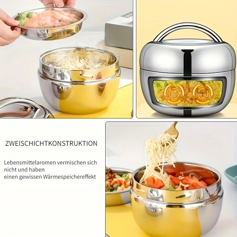 Stainless Steel Insulated Double-Layer Leakproof Bento Lunch Box for Office and School, Microwave-Safe Reusable Round Food Container - Image 5