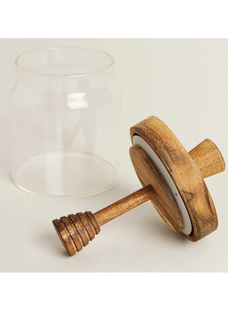 general Wood Lid Glass Jar Round Honey Jar with Honey Dip Stick Sealed Storage Jar Transparent Storage Container - Image 2