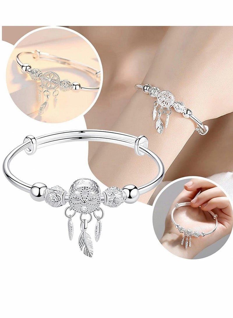 KASTWAVE Luxury Bracelet for Women, Silver Dream Catcher Tassel Feather Bracelet - Image 2