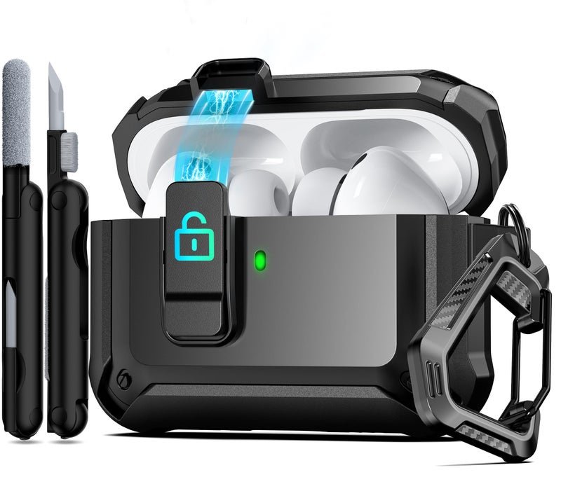 RFUNGUANGO AirPods Pro 3 Case (2025) with Safety Lock and Automatic Pop-up, Compatible with Airpods Pro 3rd Generation Case, Magnetic Lid, Compatible MagSafe, Hard Shockproof Protective Case,Black - Image 1