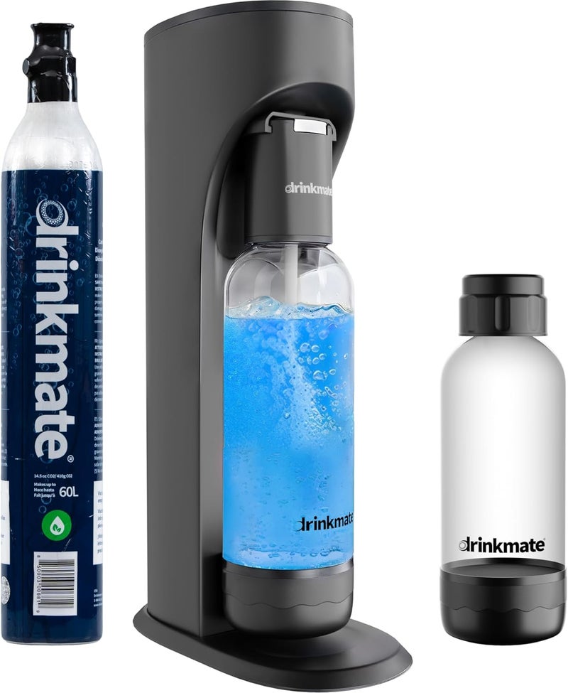 DrinkMate Sparkling Water and Soda Maker, Carbonates ANY Drink, Includes One 1L and One 0.5L Re-usable BPA-free Carbonating Bottles, 60L CO2 Cylinder and Patented Fizz Infuser, Matte Black - Image 1