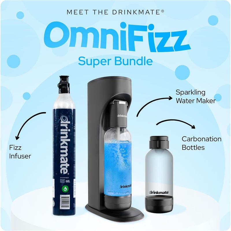 DrinkMate Sparkling Water and Soda Maker, Carbonates ANY Drink, Includes One 1L and One 0.5L Re-usable BPA-free Carbonating Bottles, 60L CO2 Cylinder and Patented Fizz Infuser, Matte Black - Image 3