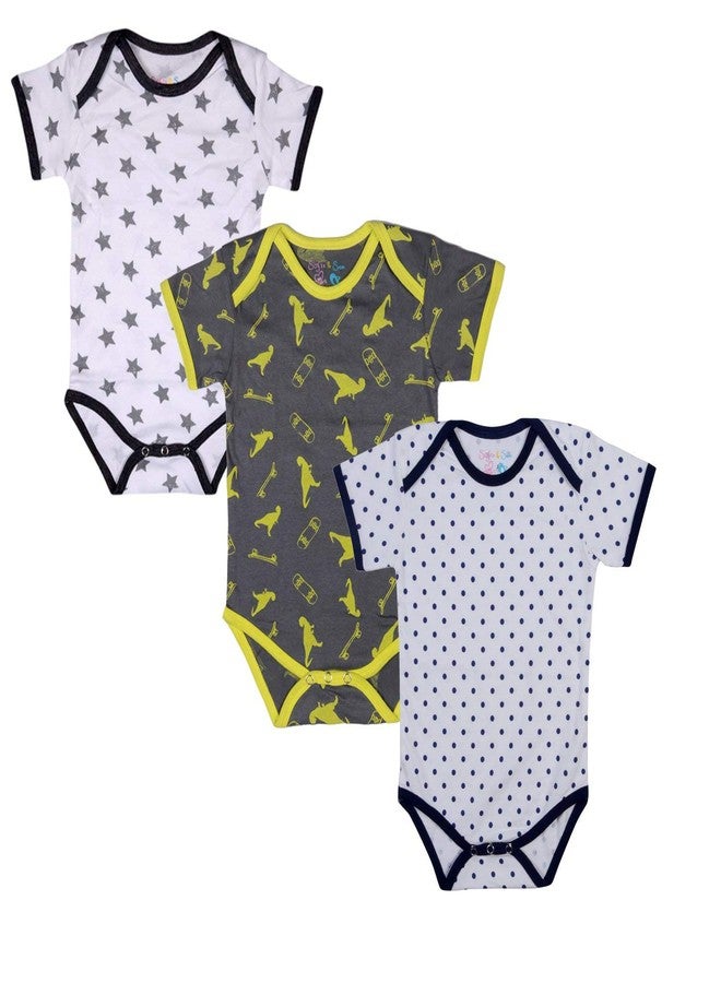 Sofie & Sam Baby Romper Half Sleeves Premium Cotton Pack of 3 - Star/Dianosour/Polka (9-12 Months) - Image 1