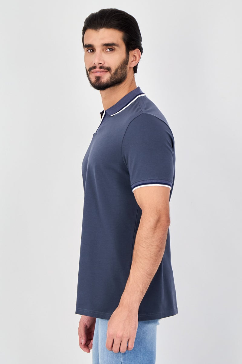 Report Collection Men Spread Collar Plain Short Sleeve Polo Shirt,  Slate Blue - Image 2