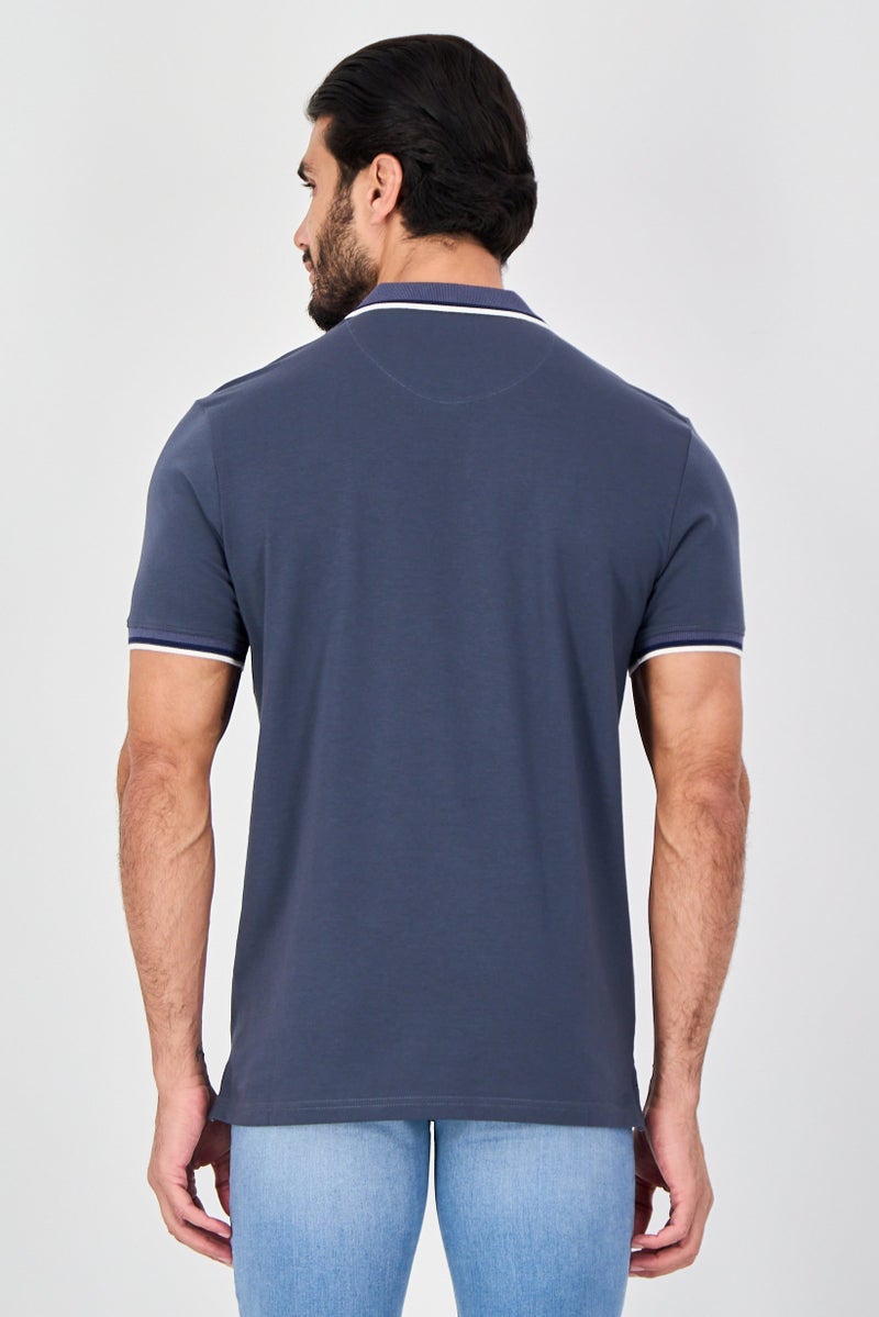 Report Collection Men Spread Collar Plain Short Sleeve Polo Shirt,  Slate Blue - Image 3