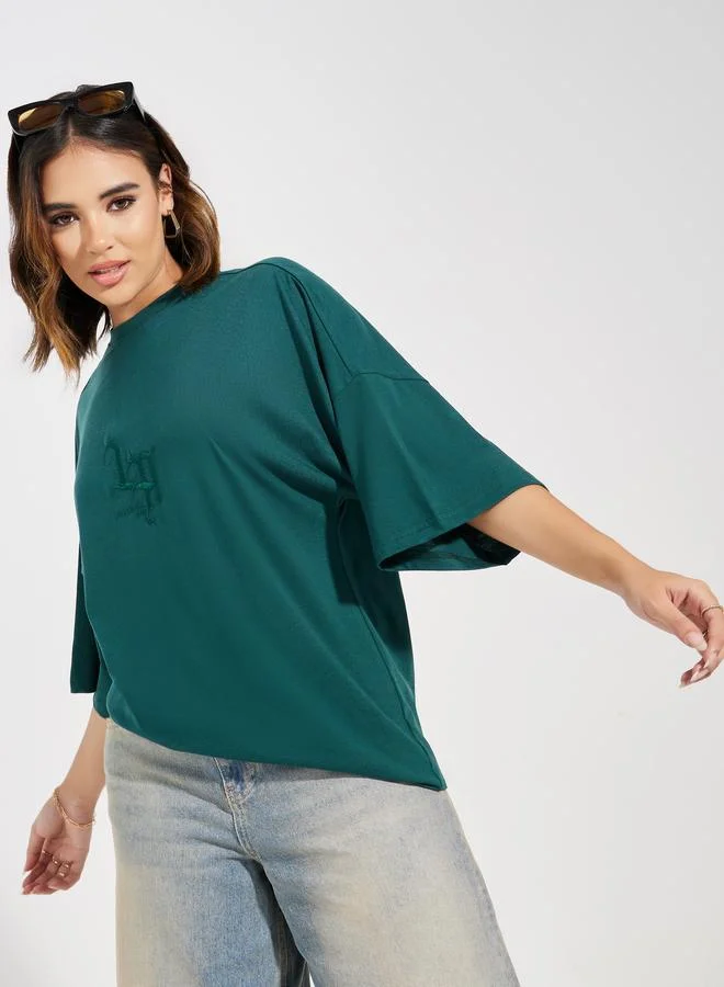 ستايلي Styli Oversized Embroidery Detail Exaggerated Sleeves T-Shirt