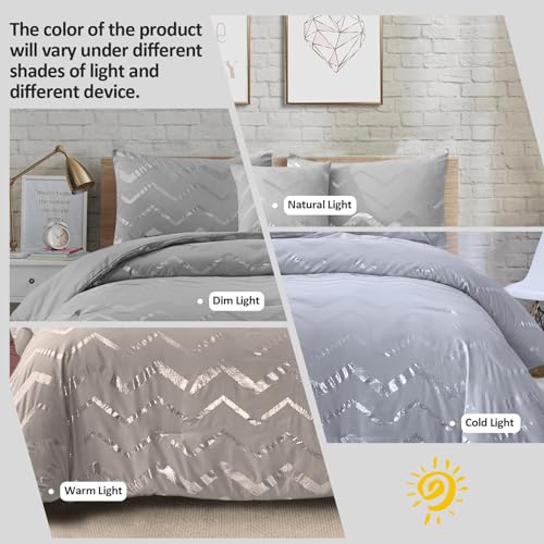 Menghomeus Grey and Silver Comforter Set King Metallic Print Geometric Bed Comforter 4 Piece Soft Microfiber Bedding for Teen Girls Boys Women (2 Pillow Shams + 1 Decorative Pillow Sham) - Image 2