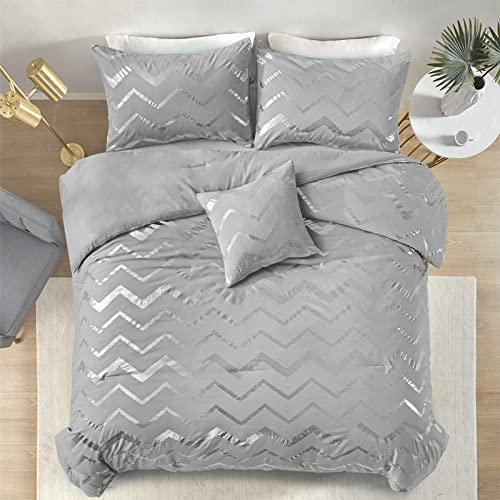 Menghomeus Grey and Silver Comforter Set King Metallic Print Geometric Bed Comforter 4 Piece Soft Microfiber Bedding for Teen Girls Boys Women (2 Pillow Shams + 1 Decorative Pillow Sham) - Image 3