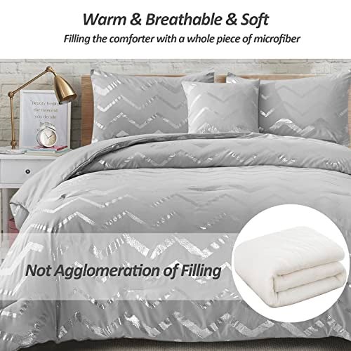 Menghomeus Grey and Silver Comforter Set King Metallic Print Geometric Bed Comforter 4 Piece Soft Microfiber Bedding for Teen Girls Boys Women (2 Pillow Shams + 1 Decorative Pillow Sham) - Image 4