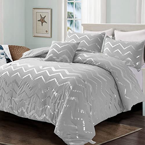 Menghomeus Grey and Silver Comforter Set King Metallic Print Geometric Bed Comforter 4 Piece Soft Microfiber Bedding for Teen Girls Boys Women (2 Pillow Shams + 1 Decorative Pillow Sham) - Image 1