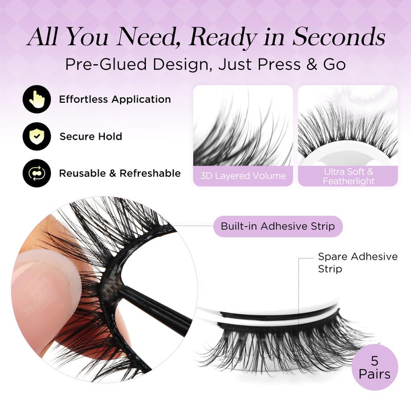 BEYELIAN Self Adhesive Eyelashes Natural Look, Pre Glued Wispy False Lashes No Glue Required, Faux Mink Eyelashes 5 Pairs ZCV-219 - Image 2