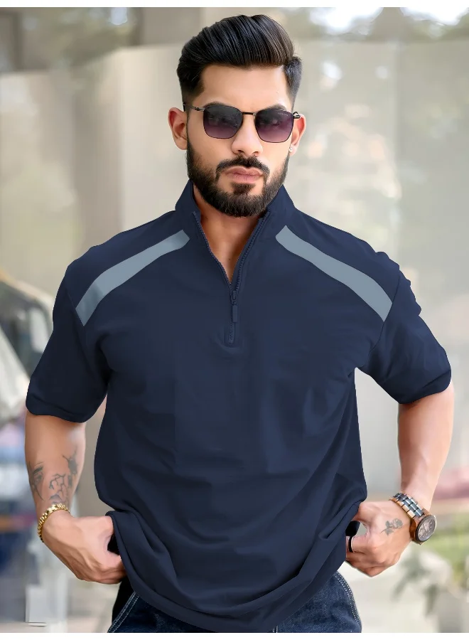 مانياك تيشيرت قطن رجالي مانياك بياقة هينلي وأكمام 3/4 بسحاب نصفي - كحلي ورمادي