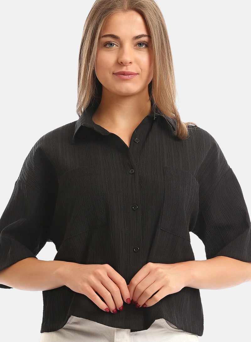 Andora Elbow-Sleeves Textured Short Shirt with Pockets - Black - Image 2