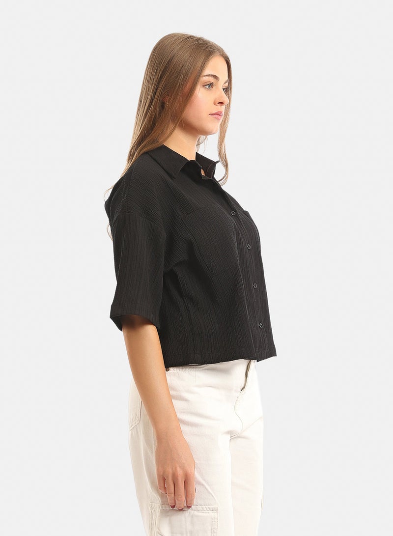 Andora Elbow-Sleeves Textured Short Shirt with Pockets - Black - Image 4