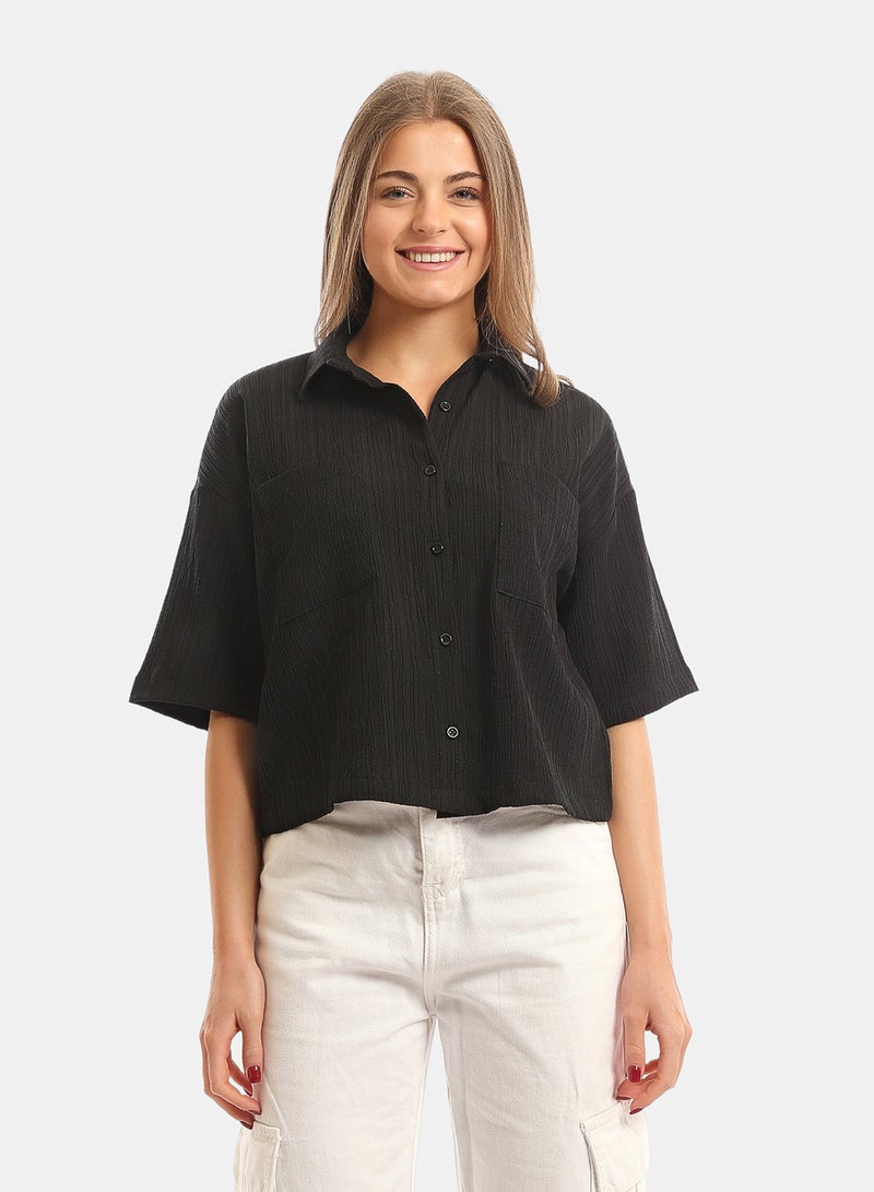 Andora Elbow-Sleeves Textured Short Shirt with Pockets - Black - Image 1