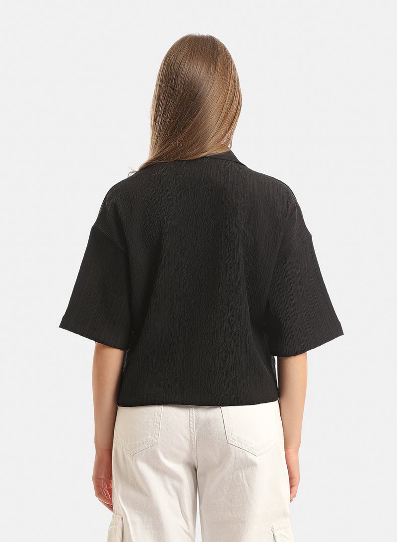 Andora Elbow-Sleeves Textured Short Shirt with Pockets - Black - Image 3