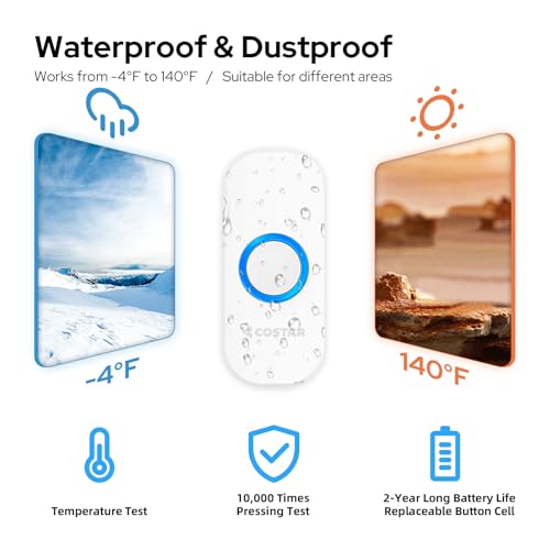 Costar Wireless Door Bell Kits Chime For Home Office With Led Light 150 Meter 500 Feet Operating Range 57 Ringtones 4 Levels Volume, 1 Receiver And 1 Push Button Ip44 Waterproof (T310-M521),white - Image 2
