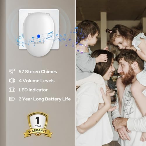 Costar Wireless Door Bell Kits Chime For Home Office With Led Light 150 Meter 500 Feet Operating Range 57 Ringtones 4 Levels Volume, 1 Receiver And 1 Push Button Ip44 Waterproof (T310-M521),white - Image 3
