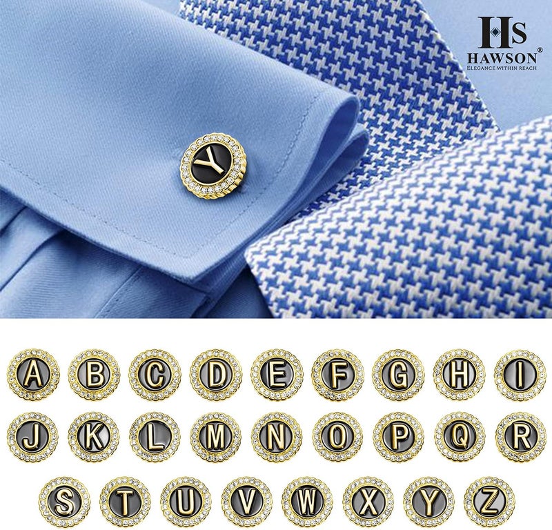 HAWSON A-Z Initial Cufflinks for Men and Women with Clear Crystal, Gold Silver Color Rasied Letter A-Z Cuff Links for French Shirt, Gift for Normal and Business Wearing - Image 4