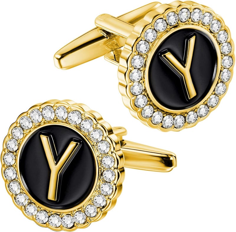 HAWSON A-Z Initial Cufflinks for Men and Women with Clear Crystal, Gold Silver Color Rasied Letter A-Z Cuff Links for French Shirt, Gift for Normal and Business Wearing - Image 1
