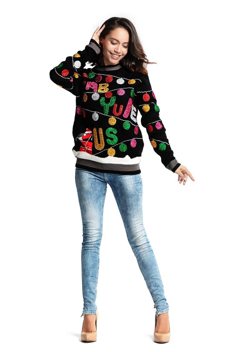 U LOOK UGLY TODAY Women`s Ugly Christmas Sweater Unisex Men`s Funny Novelty Santa Pullover for Party Fabulous-Black Small - Image 3