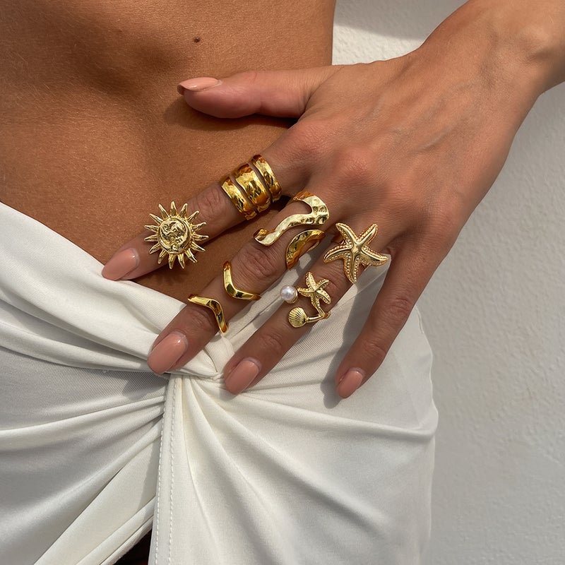 SHIXIN European and American Cross-Border Jewelry: Irregular Open-Style Ring Set with Starfish and Pearl Alloy - Image 1