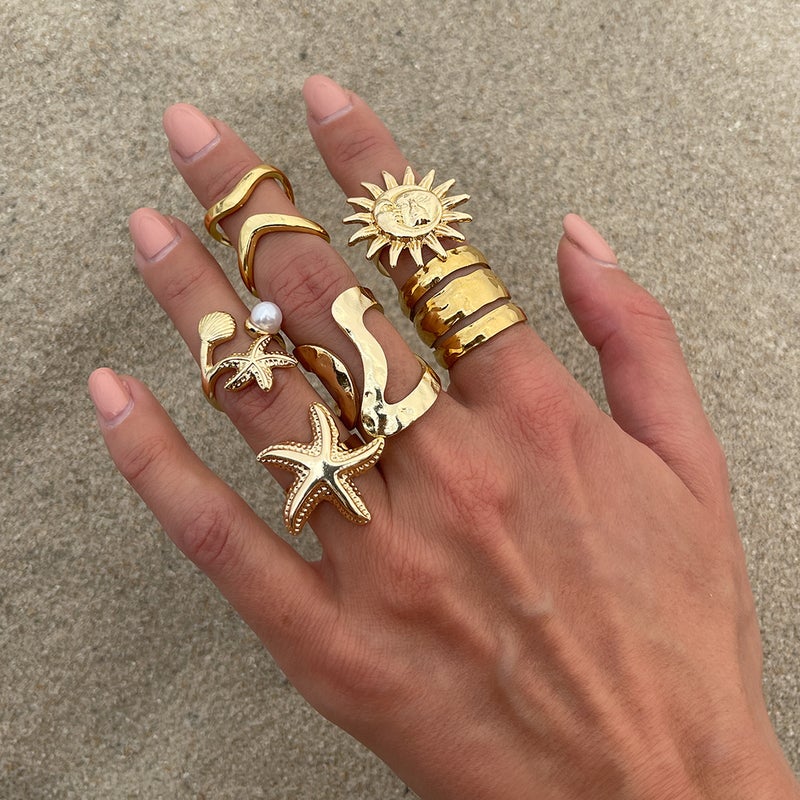 SHIXIN European and American Cross-Border Jewelry: Irregular Open-Style Ring Set with Starfish and Pearl Alloy - Image 2