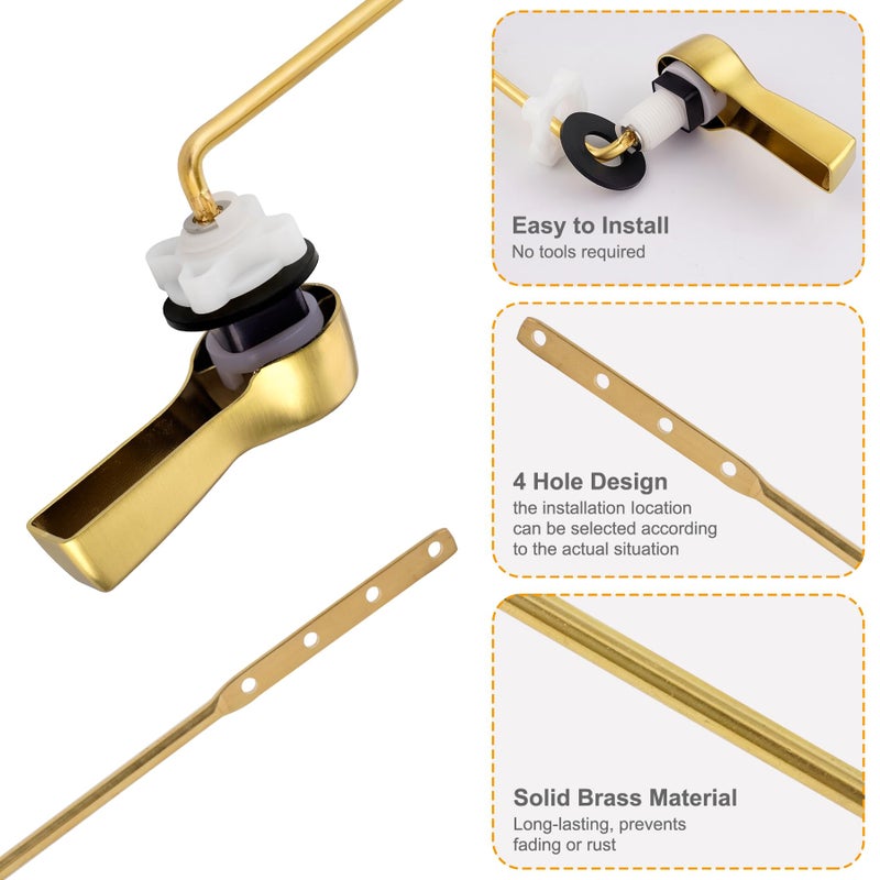 Hibbent Universal Metal Front Mount Toilet Handle Replacement Kit, Brass Toilet Flush Tank Lever with Stainless Steel Flapper Chains for Most Toilets, Brushed Gold Finish - Image 2