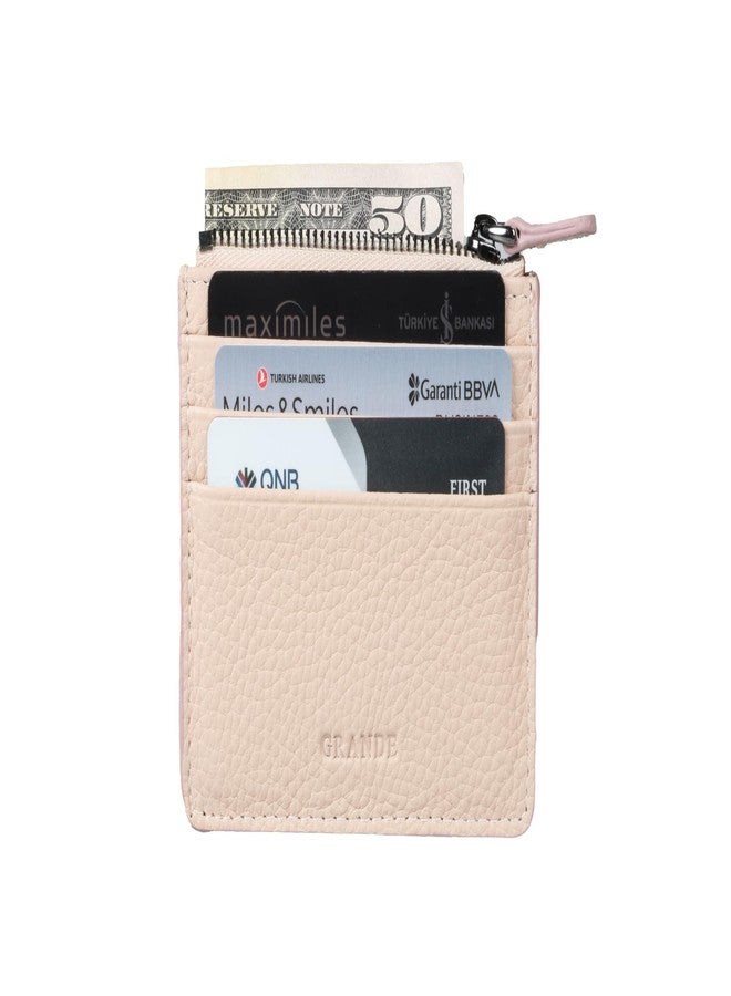 grande 3603 Genuine Leather Card Holder For Women and Men Slim Minimalist Small Zipper Wallet (LIGHT PINK) - Image 4