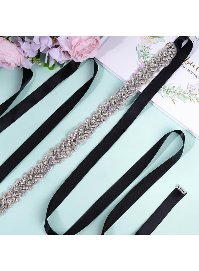Bridal Rhinestone Crystal Belts Wedding Satin Sash Belt for Special Occasion Dress Bridal Sash, Black - Image 4