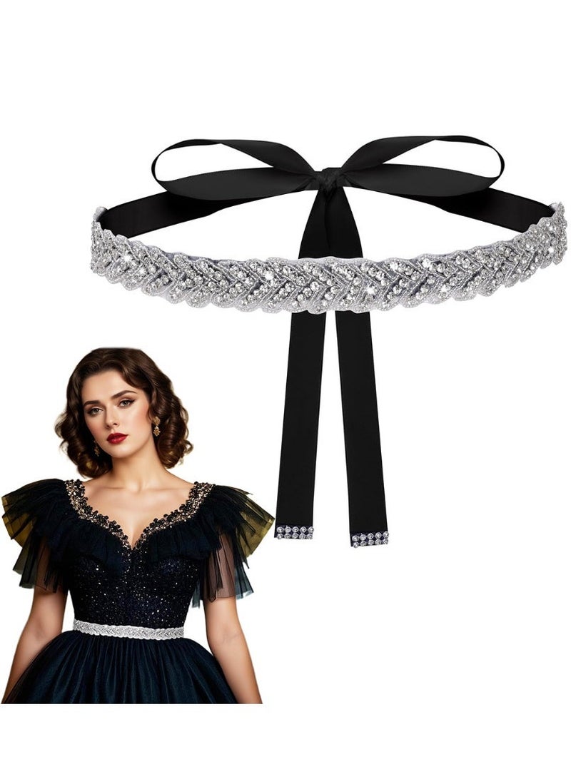 Bridal Rhinestone Crystal Belts Wedding Satin Sash Belt for Special Occasion Dress Bridal Sash, Black - Image 1