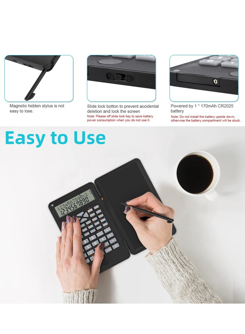 SOLARAE Scientific Calculator, Foldable Portable Desktop Calculator with Erasable Writing Board 10 Digit LCD Display Physical Geometry Calculator for Students Teachers Office Business High School-Black - Image 4