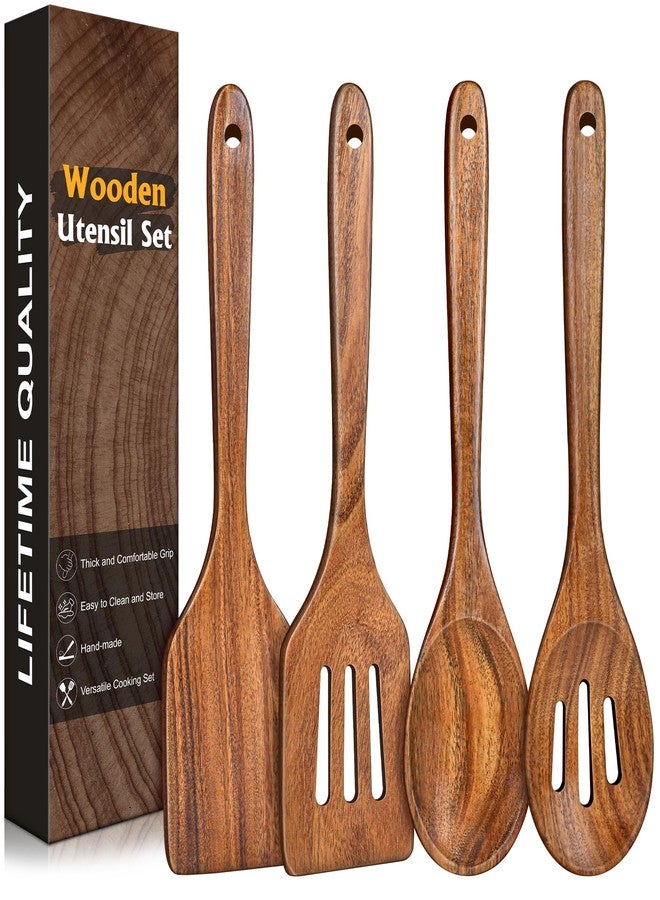 MemoGem 4Pcs Wooden Spatula for Cooking, Acacia Wooden Spatula for Kitchen Use, Nonstick Cookware Safe Utensils Set for Cooking, Mixing, Serving, Draining, Ideal Cooking Utensils Gift - Image 1