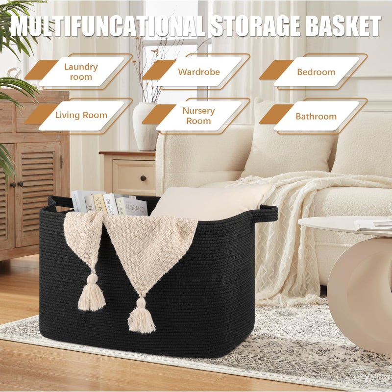 OIASKET 118L Extra Large Blanket Basket, 24.8"x17.7"x16.2" Woven Rope Baskets for Storage, Nursery Blanket Storage for Living Room, Toy Basket with Handle Organizing Comforter Cushions Pillows, Black - Image 3