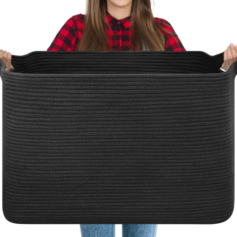 OIASKET 118L Extra Large Blanket Basket, 24.8"x17.7"x16.2" Woven Rope Baskets for Storage, Nursery Blanket Storage for Living Room, Toy Basket with Handle Organizing Comforter Cushions Pillows, Black - Image 1