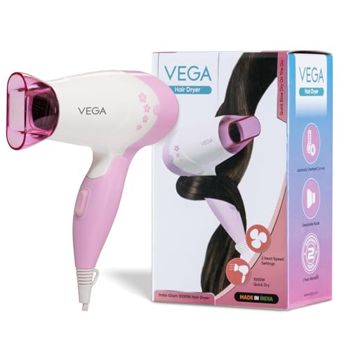 VEGA Insta Glam Foldable 1000-1200Watts Hair Dryer for Men & Women, 2 Heat & 1 Speed Settings (Low & High), Perfect Blow Dry & Style, Compact Hair Dryer for Travel & Home Use (VHDH-20) Made In India - Image 1