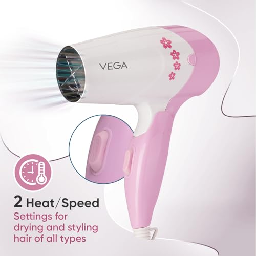 VEGA Insta Glam Foldable 1000-1200Watts Hair Dryer for Men & Women, 2 Heat & 1 Speed Settings (Low & High), Perfect Blow Dry & Style, Compact Hair Dryer for Travel & Home Use (VHDH-20) Made In India - Image 2