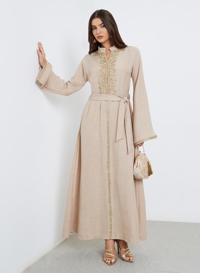 Amirah Beige Lace Detail Waist Tie Maxi Jalabiya - Image 1