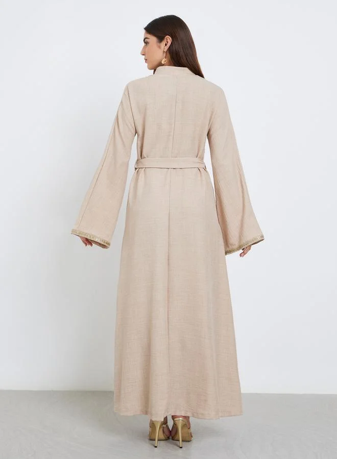 Amirah Amirah Beige Lace Detail Waist Tie Maxi Jalabiya