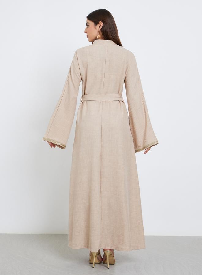 Amirah Beige Lace Detail Waist Tie Maxi Jalabiya - Image 4