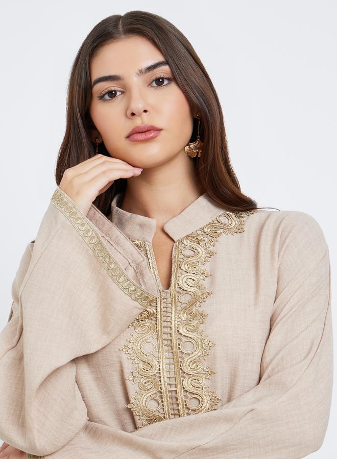 Amirah Beige Lace Detail Waist Tie Maxi Jalabiya - Image 3