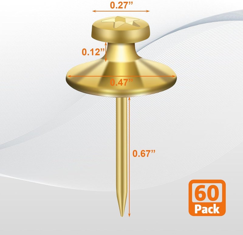 KURUI 60-Pack Metal Push Pins for Wall Hanging Decor, Renter Friendly Hooks for Bedroom Office Gallery Dorm Home, Double Headed Thumb Tacks for Tapestry/Canvas/ Picture Frame/Art, Gold Picture Hangers - Image 5