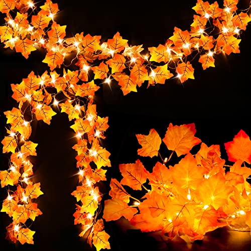 Fall Decor 2 Pack Lighted Fall Garland Total 164ft 40 LED Thanksgiving Decorations Halloween String Lights Friendsgiving Gift Thanksgiving Decor for Home Holiday Autumn Garland Indoor