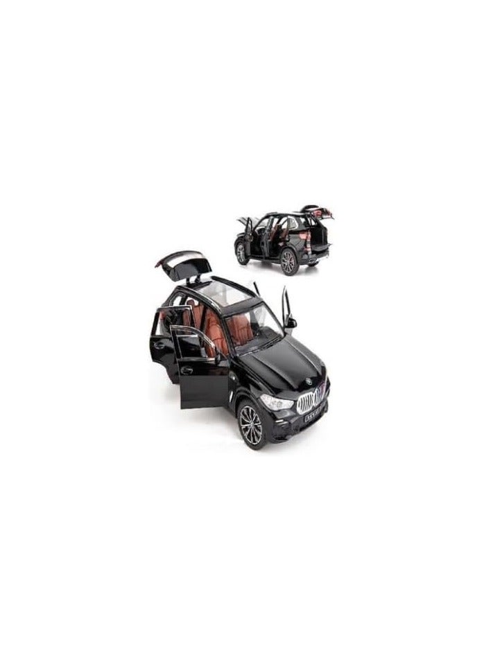 BMW X5 model car with metal wheels at a scale of 1:32, featuring pull-back action with light and sound, 4 doors, and a trunk that can be opened, black color.  - Image 1