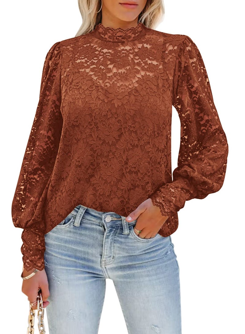 DOROSE Shirts for Women Long Sleeve Lace Mock Neck Tops Fall Fashion Blouses Caramel L - Image 1