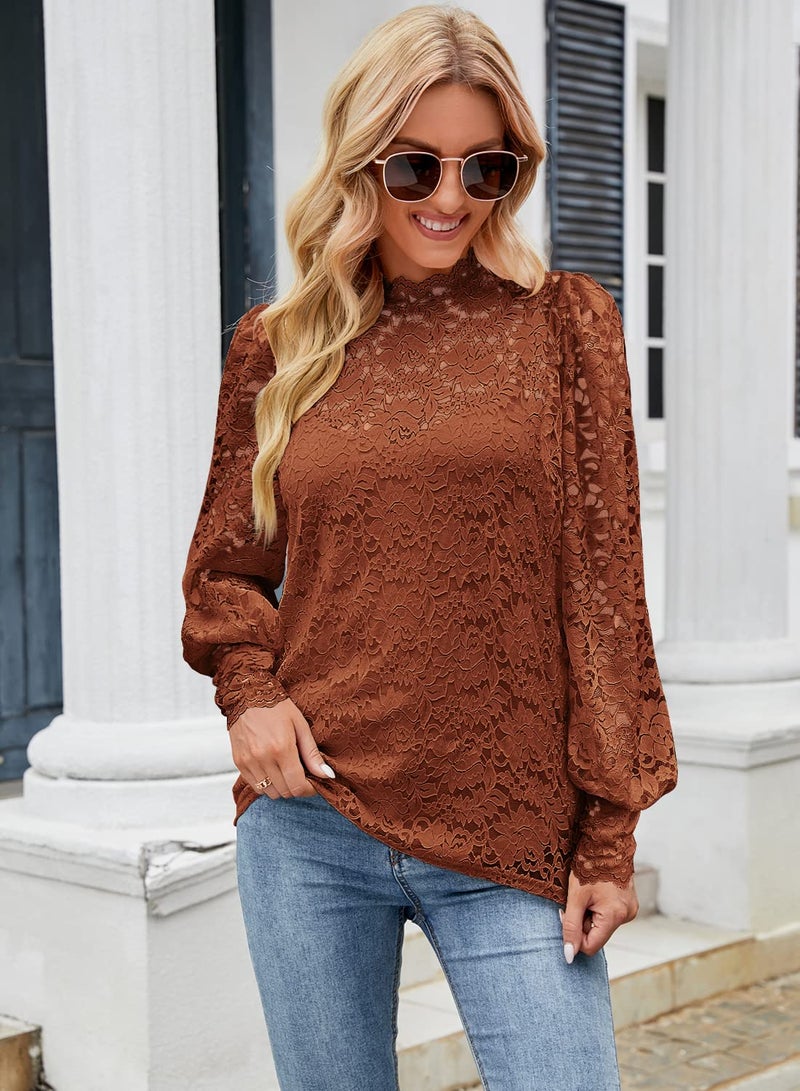 DOROSE Shirts for Women Long Sleeve Lace Mock Neck Tops Fall Fashion Blouses Caramel L - Image 5